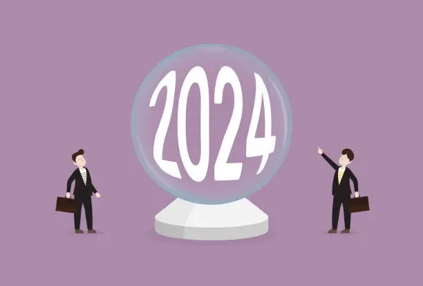 Vector illustration of 2024 crystal ball forecasting to grow business for a vision of success and strategic planning concept