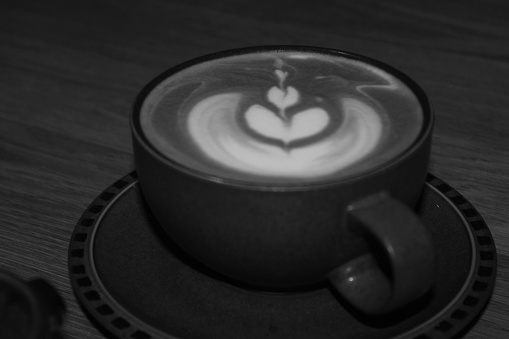 Black and white photo of coffee mug
