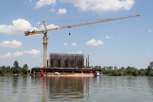 Novi Sad New Bridge Construction on The Danube River in Vojvodina, Serbia with Crane