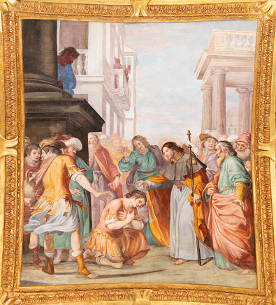 Genova - The fresco scene from life of St. James the Apostle of in the church Basilica della Santissima Annunziata del Vastato by Gioacchino Assereto (1600 – 1649).
