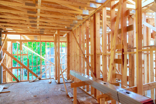 istock Structural framework interior of new unfinished house with wooden beams 1684772986