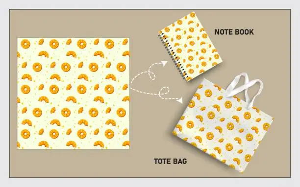 Vector illustration of mockup tote bag and note book with pineapple fruits, leaf seamless pattern.