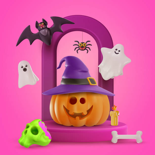 istock Vector cute halloween art composition in 3d cartoon style. Smile pumpkin on pink podium with skull, ghost and bat. Realistic funny holiday background. Festive concept art. Child bright illustration. 1684776771
