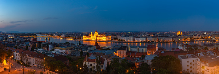 A panorama picture of Budapest at night.