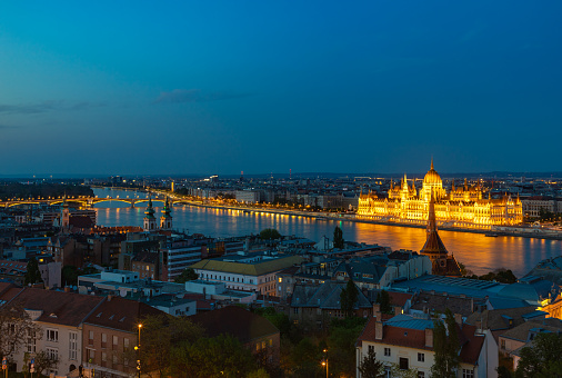 Chain Bridge and Parliament in Budapest at dusk