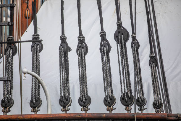 Pulley rope system on board an old sailing ship for tightening the sails
