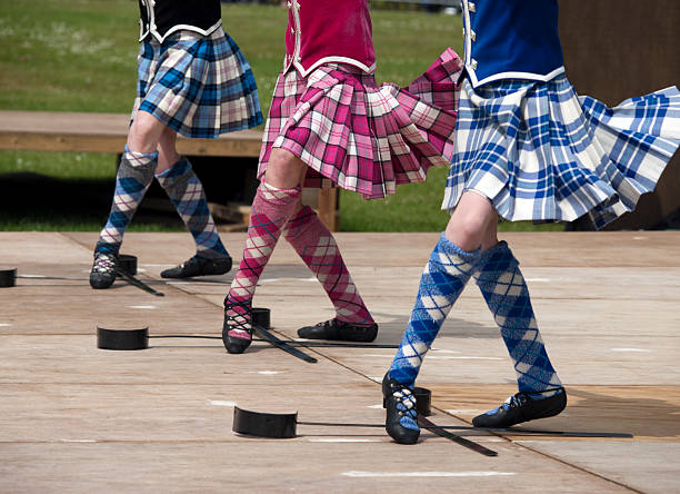 Closeup of three pairs of feet of women Scottish sword dancing Sword dancing is a traditional event at the Highland Games of Scotland kilt stock pictures, royalty-free photos & images