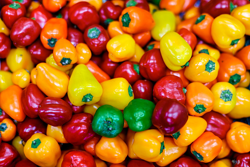 Close up of mixed red, green and yellow bell peppers at a market in Colombia