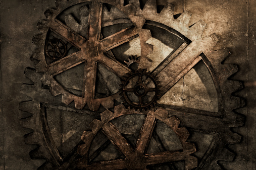 A stock photo of a grungy steampunk gear background.