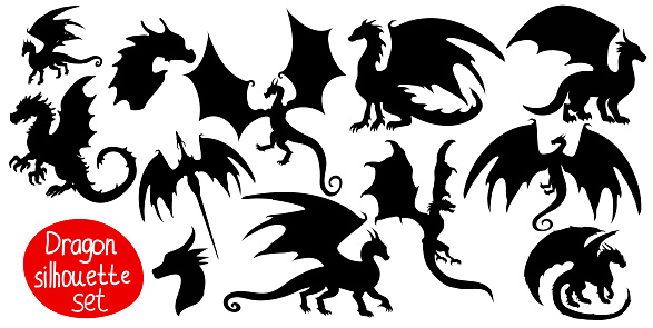 Set of vector dragon silhouette on white background.