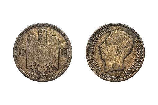 10 Lei 1930 year Carol II. Coin of Romania. Obverse Head left. Reverse Crowned eagle with crowned shield on chest divides value. Composition Nickel brass. Weight 5 g Diameter 23 mm