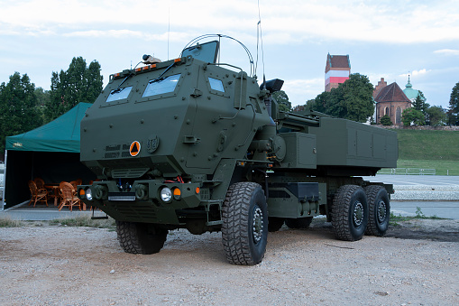 Warsaw, Poland - 13 August, 2023: Light multiple rocket launcher M142 Himars on the public exposition point during the trial of military parade before the Polish Armed Forces Day. Armed Forces Day, known also as the Feast of the Polish Armed Forces  is a national holiday celebrated annually on 15 August in Poland, commemorating the anniversary of the 1920 victory over Soviet Russia at the Battle of Warsaw during the Polish–Soviet War.