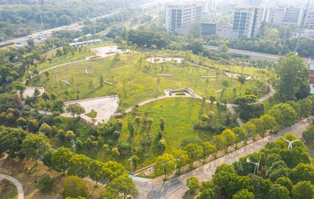 istock Aerial view of a cityscape with an intersection with trees 1684871785
