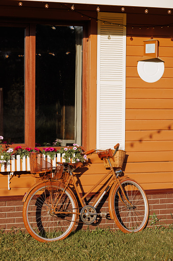An antique brown bicycle stands against the wall of a cottage, decorated with potted flowers, in the rays of the sun. Concept idyllic charm of rural life, as well as to promote a rustic aesthetic.