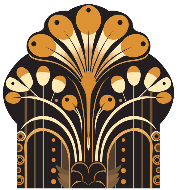 Peacock design element Art deco style black, tan, and gold peacock fan design element, high contrast peacock feather fan stock illustrations