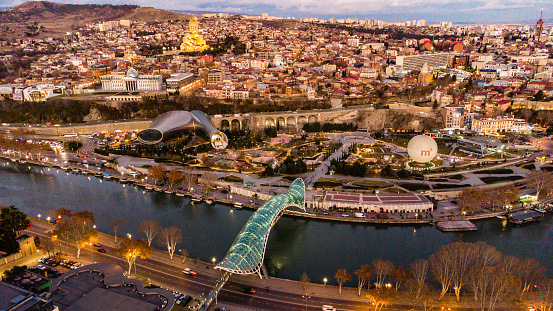 Aerial view of Tbilisi city center during fall season