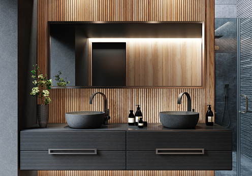 Luxurious bathroom with natural stone tiles and wood planks. Dark concept. Rendering.