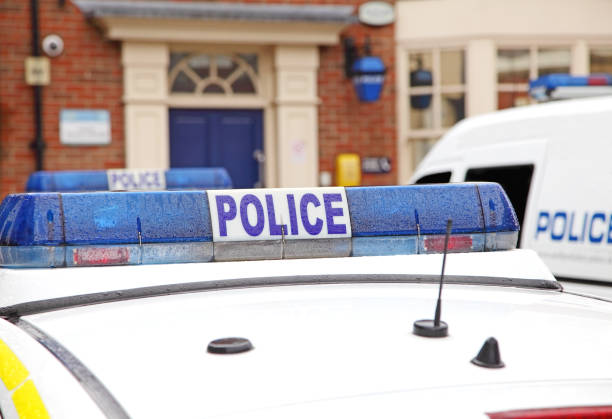 Blue light on a police car, close-up