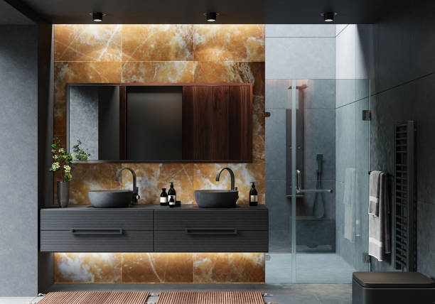 istock Modern luxury and minimalist dark bathroom 1684888021