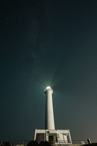 The Cape Zanpa Lighthouse in Okinawa, Japan, with a stunning star field in the night sky behind it