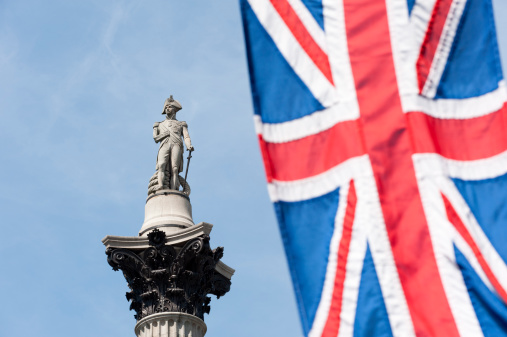 Nelson's Column with Union Jack Flag London