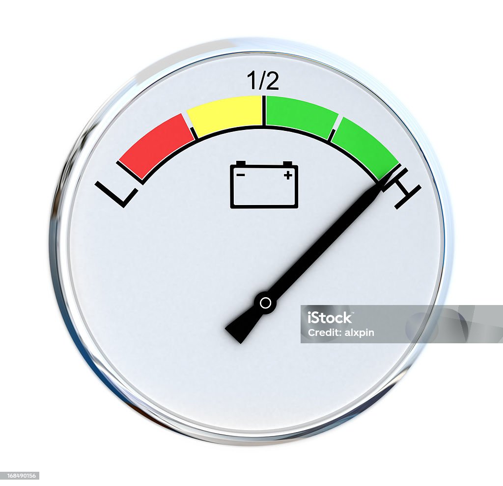 Battery Gauge Closeup of a car battery gauge isolated on white background Car Battery Stock Photo