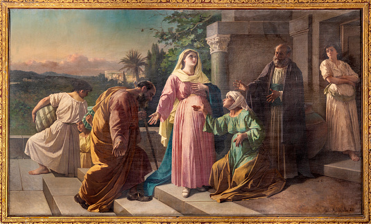Naples - The painting of Visitation in the church Chiesa dei Santi Severino e Sossio by Federico Maldarelli (1889).