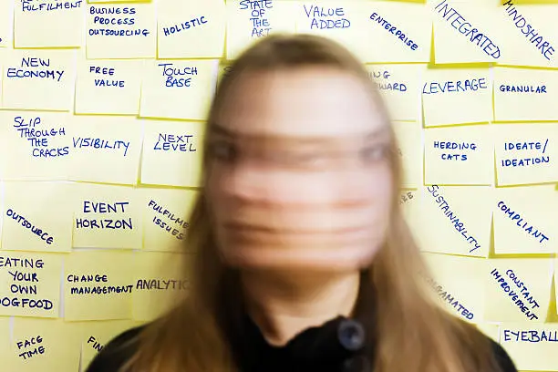 Photo of Woman shakes head in blurred motion against business buzzwords