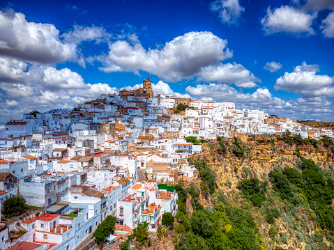 Panoramic of Arcos de la Frontera, white city built on a rock along the Guadalete river, in the province of Cádiz, Spain