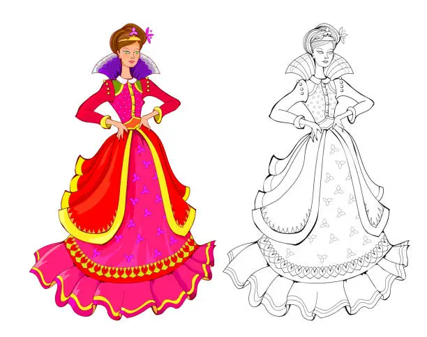 Vector illustration of Colorful and black and white page for kids coloring book. Fantasy drawing of beautiful fairyland princess in fashionable dress. Worksheet for children and adults. Vector cartoon image.