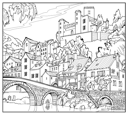 Illustration of old stone bridge in a medieval French town. Fairyland kingdom. Black and white page for kids coloring book. Printable worksheet for drawing and meditation. Ancient architecture.