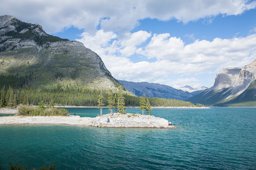 Beautiful view of Minnewanka Lake in Banff National Park in Canada