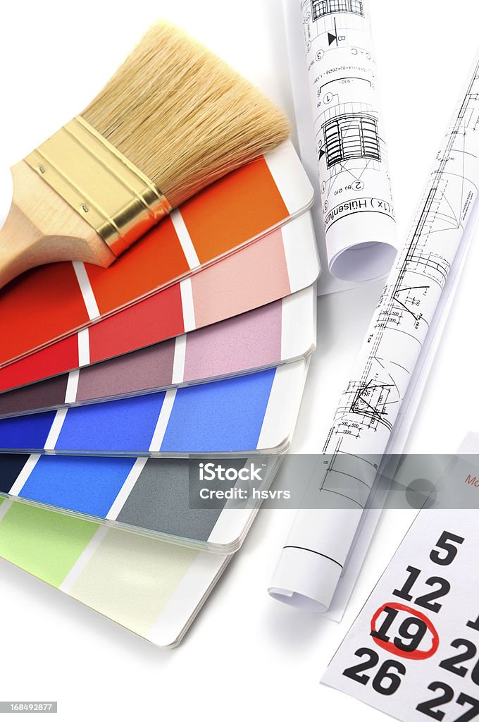 Muestra de colores para su casa mejora con blueprints plan y calendario - Foto de stock de Arquitectura libre de derechos