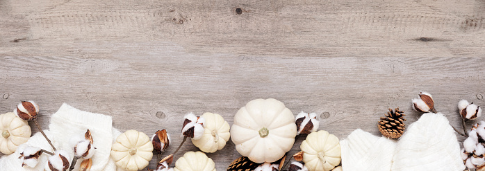 Cozy autumn bottom border with sweater, white pumpkins natural decor. Top view over a desaturated wood banner background.