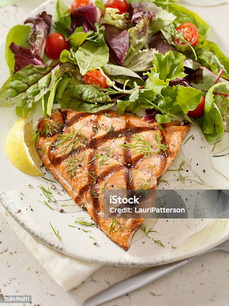 Bbq Grilled Salmon Fillet Stock Photo - Download Image Now - Directly Above, Meal, Plate
