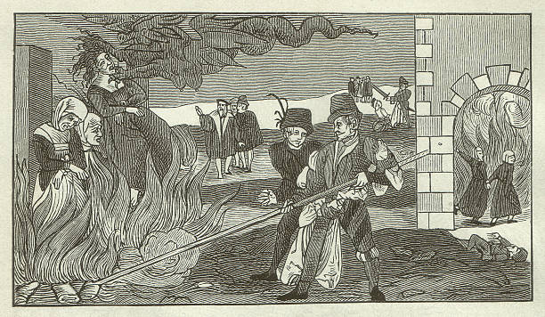 Witch-burning in the County of Regenstein, 1550 Witch-burning in the county Reinstein (Regenstein, Saxony-Anhalt, Germany) in 1555. Woodcut engraving after an original of a leaflet in the Collections of the Germanisches Nationalmusem in Nuremberg, published in 1881. witch photos stock illustrations