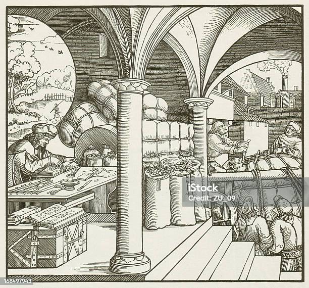 Kaufhaus In 1520 Stock Vektor Art und mehr Bilder von Einzelhandelsberuf - Einzelhandelsberuf, Asiatischer Holzschnitt, Beruflicher Umgang mit Tieren