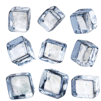 Nine ice cubes at various perspectives  - each cube has it's own separate clipping path. Shot with a Canon 5D Mark II and composed in Photoshop.