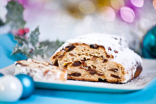 Traditional German christmas stollen with powdered sugar