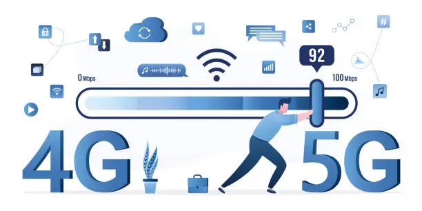Vector illustration of User speeds up wireless internet. Switching from 4g to 5g technology. Technician worker move slider on measuring scale. Wi-fi signal quality improvements, optimization.