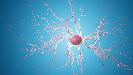 Firing Neurons - 3d rendered image of Neuron cell network on dark background.  Conceptual medical illustration.  Healthcare concept. SEM [TEM] hologram view. Glowing neurons signals.