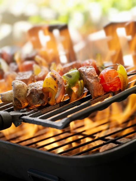 istock Beef and Vegetable Kabobs on a Outdoor BBQ 168502750