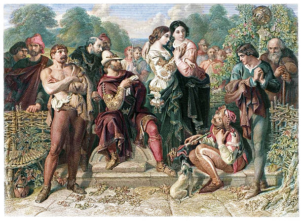 Orlando and the Wrestler Vintage engraving from 1868 of showing a scene from As you like it a pastoral comedy by William Shakespeare. After the painting by Daniel Maclise. william shakespeare stock illustrations