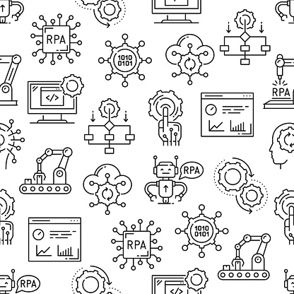 RPA seamless pattern. Robotic process automation, business management and improvement technology outline vector seamless background or wallpaper with robotic hands, computer chip and conveyor belt