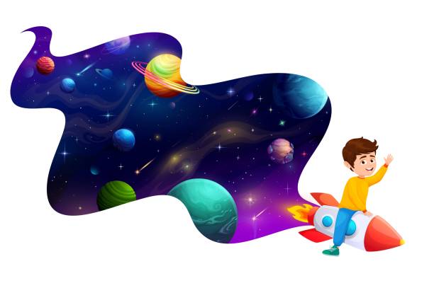 ilustraciones, imágenes clip art, dibujos animados e iconos de stock de niño de dibujos animados volando en cohete espacial en galaxia - super moon