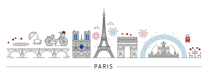 Paris silhouette and France travel landmarks in skyline, vector city architecture. France famous symbols and Paris buildings of Eiffel tower, Triumphal arch and Notre-Dame cathedral with baguette