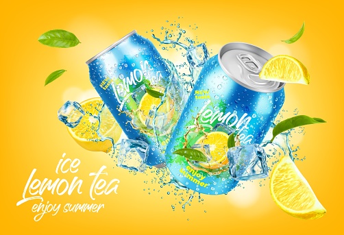Ice lemon tea can and cubes, drink splash with ice crystals and lemon slices, realistic vector. Lemonade drink or fruit soda beverage product ad template with juice can in fresh spill wave and leaves