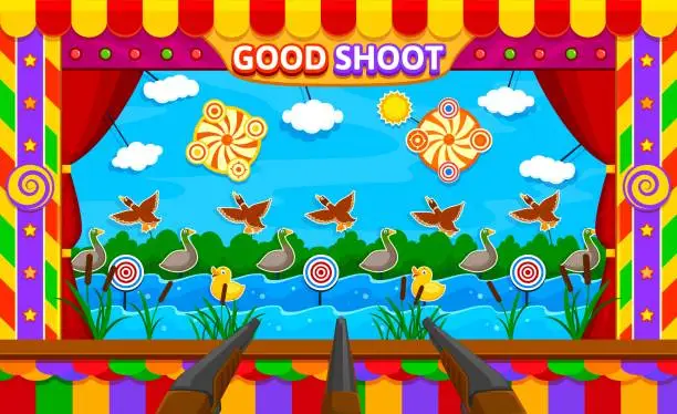 Vector illustration of Carnival shoot game amusement park booth duck hunt