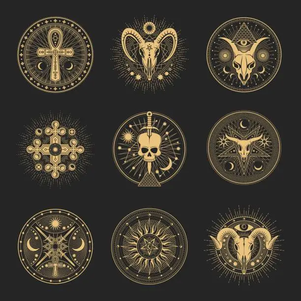 Vector illustration of Esoteric tarot symbols, magic occult pentagramms