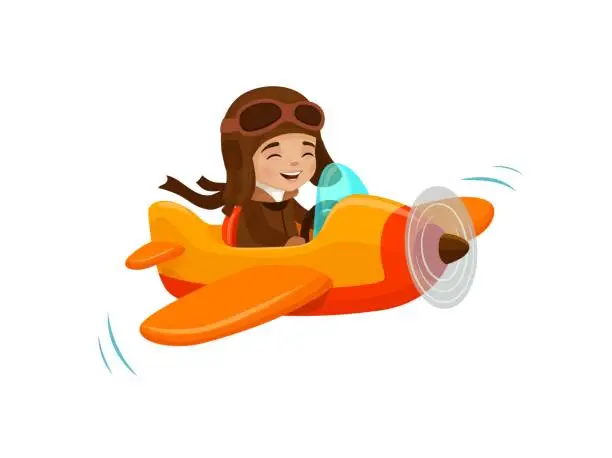 Vector illustration of Kid flying on plane, cartoon pilot on airplane